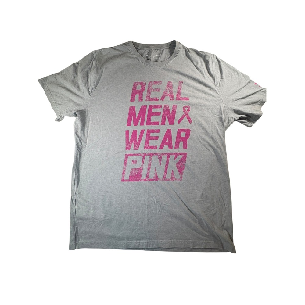 Under Armour T-Shirt Mens Medium Grey Excellent Real Men Wear Pink Graphic Tee